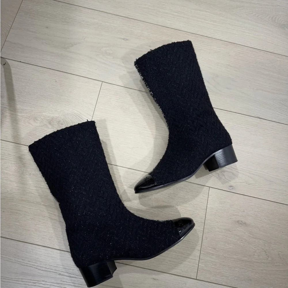 CHANEL Two Tone Tweed Boots 37.5